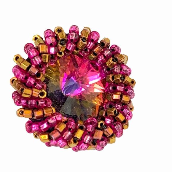 Swarovski watermelon rivoli artisan hand beaded hot pink gold pierced earrings - Picture 7 of 7